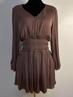 Nine West Long-Sleeve Smocked Waist Mini Dress - Mocha